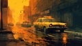 Yellow taxi car painting in the city on road. Beautiful illustration picture. Generative AI