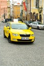 Yellow taxi car in Prague city Royalty Free Stock Photo