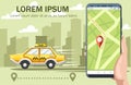 Yellow taxi car. Taxi service concept. Flat illustration with city on landscape. Hand holding smartphone with app, map on