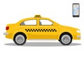 Yellow taxi car and smarthone. App for taxi. Application for calling taxi. Isolated over white background Royalty Free Stock Photo