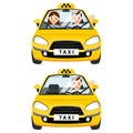 Yellow taxi car and taxi driver with passenger. Royalty Free Stock Photo