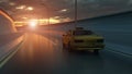 Yellow taxi rides on the road, highway. 3D illustration