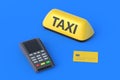 Yellow taxi sign near credit card and cash register. Payment for carrier services