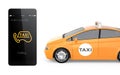 Yellow taxi and smart phone for mobile taxi order service concept