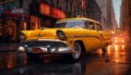 Yellow taxi speeds through the city, reflecting blurred motion at dusk generated by AI Royalty Free Stock Photo