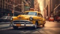 Yellow taxi speeds through crowded city streets at dusk, illuminating buildings generated by AI Royalty Free Stock Photo