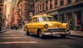 Yellow taxi speeds through crowded city streets, illuminating famous landmarks generated by AI Royalty Free Stock Photo