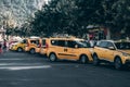 Yellow taxi in Turkey, the city of Alanya. Lots of parked taxis. Travel to Turkey.