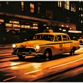 Yellow taxicab riding fast at night