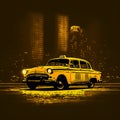 Yellow taxicab riding fast at night