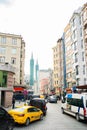 Yellow taxis and cars on a narrow road Royalty Free Stock Photo