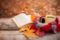 Yellow tea cup with warm scarf open book and apple