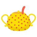 Yellow teapot with red polka dots, simple cartoon style. Kitchenware design, cheerful dotted teapot vector illustration