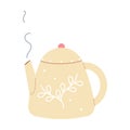 Yellow teapot on white isolated background in flat style. Teapot with pattern of dots and leaves