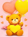 Happy valentine yellow teddy bear holding pink heart. Romantic gift, greeting card with place for text. Generative AI