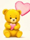 Happy valentine yellow teddy bear holding pink heart. Romantic gift, greeting card with place for text. Generative AI