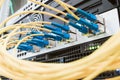 Yellow telecommunications cable in the server room of the data center. Concept of fast broadband access to the network. A bunch of