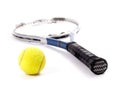 Yellow tennis ball and racket isolated on a white background Royalty Free Stock Photo