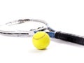 Yellow tennis ball and racket on a white background Royalty Free Stock Photo