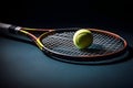 Yellow tennis ball on tennis racket surface photography