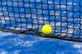 Yellow tennis balls in court on blue turf. Horizontal sport poster, greeting cards, headers, website