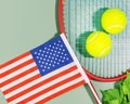 Yellow tennis balls, racket and the flag of United States Royalty Free Stock Photo