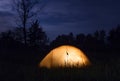 Yellow tent lighting at night in wildness Royalty Free Stock Photo