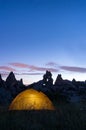 Yellow tent under the night sky. Cappadocia,Turkey.