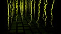 Yellow tentacles in space. Design. Abstract moving tentacles of an unknown creature above the surface with rows of