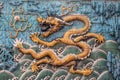 A yellow terrifying dragon on the Nine Dragon Wall