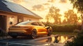 A yellow Tesla parked in front of a house Royalty Free Stock Photo