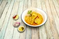 Yellow Thai Chicken Curry with Rice Noodles, Red Onion, Royalty Free Stock Photo