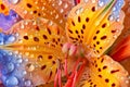 Yellow is tiger orange, flower petals with drops, dew of rain, water, close-up view. Flowering flowers, a symbol of spring, new Royalty Free Stock Photo