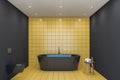 Yellow tile and black bathroom with tub and toilet