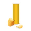 Yellow Tin Box Tube with Stack of Potato Crispy Chips Royalty Free Stock Photo