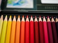 Color pencils, crayons, assorted in a box Royalty Free Stock Photo