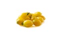 Yellow tomatoes lay on white background. Top view. Cherry tomatoes on a wooden bowl isolation. Baby tomatoes isolated on a white