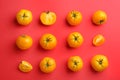 Yellow tomatoes on red background, flat lay Royalty Free Stock Photo