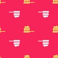 Yellow Toothbrush with toothpaste icon isolated seamless pattern on red background. Vector. Illustration Royalty Free Stock Photo