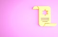 Yellow Torah scroll icon isolated on pink background. Jewish Torah in expanded form. Star of David symbol. Old parchment