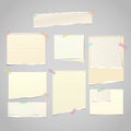 Yellow torn note, notebook paper pieces for text stuck with sticky tape on gray background. Vector illustration.