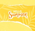 Yellow torn paper banner with hello summer typography on tropical background. Ripped pieces with white edge. Vector