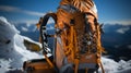 Yellow tourist backpack for traveling on the top of a snowy mountain