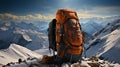 Yellow tourist backpack for traveling on the top of a snowy mountain