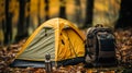 yellow tourist tent and tourist backpack in the forest
