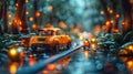 A yellow toy car is driving down a wet road with a blurry background Royalty Free Stock Photo