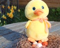 Yellow toy duck sitting on eggs in a nest.