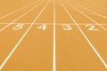 Yellow track and field lanes and numbers. Running lanes at a track and field athletic center. Horizontal sport theme poster, greet Royalty Free Stock Photo