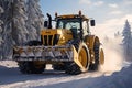 Yellow Tractor Bulldozer as a Machine for Clearing the Road from Snow in Winter