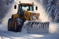 Yellow Tractor Bulldozer Clearing the Road from Snow in Winter with Big Shovel